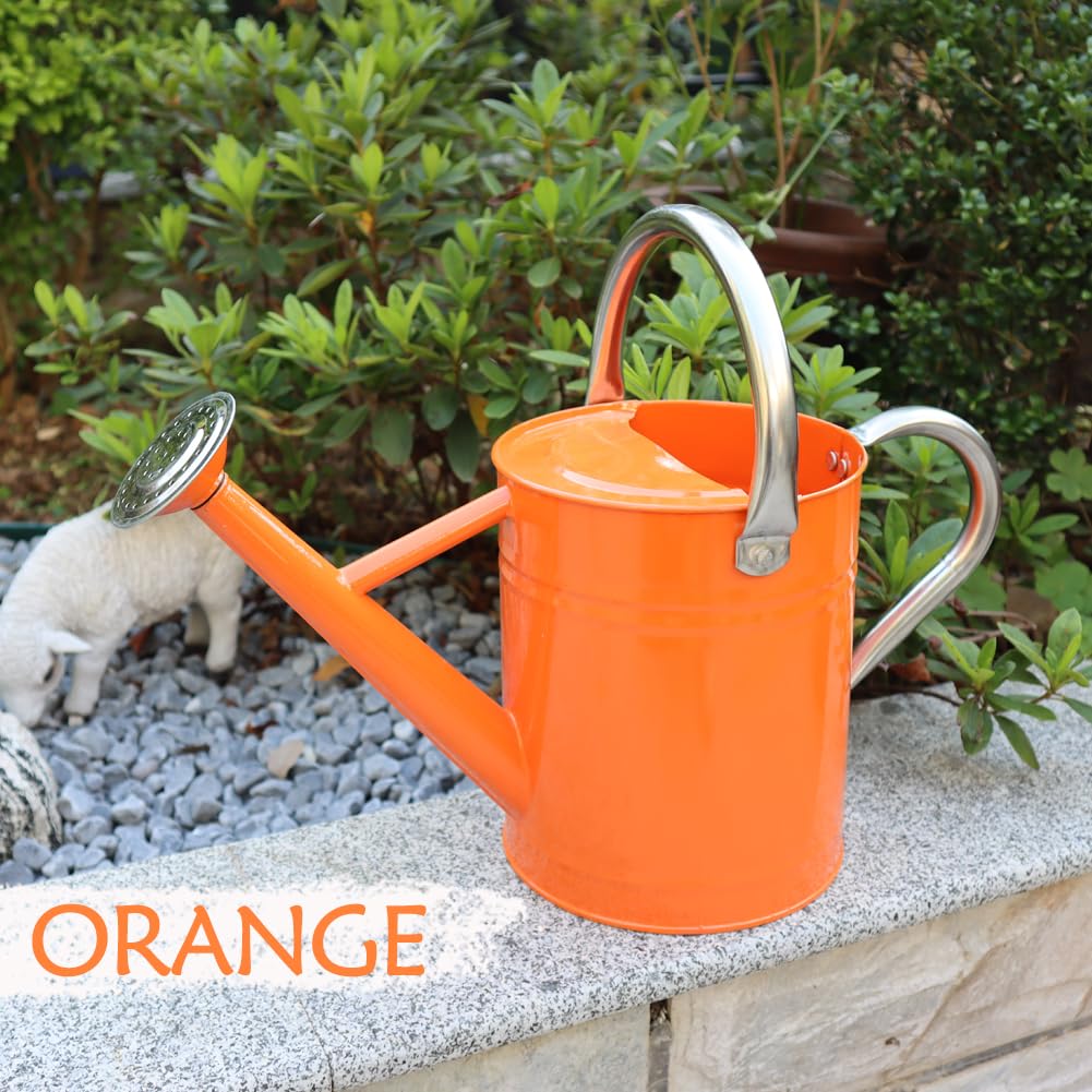 yourjoy Metal Watering Can, One Gallon Watering Cans Stainless Steel for Outdoor Indoor Garden Plants Watering (Stainless Steel Handle Orange)