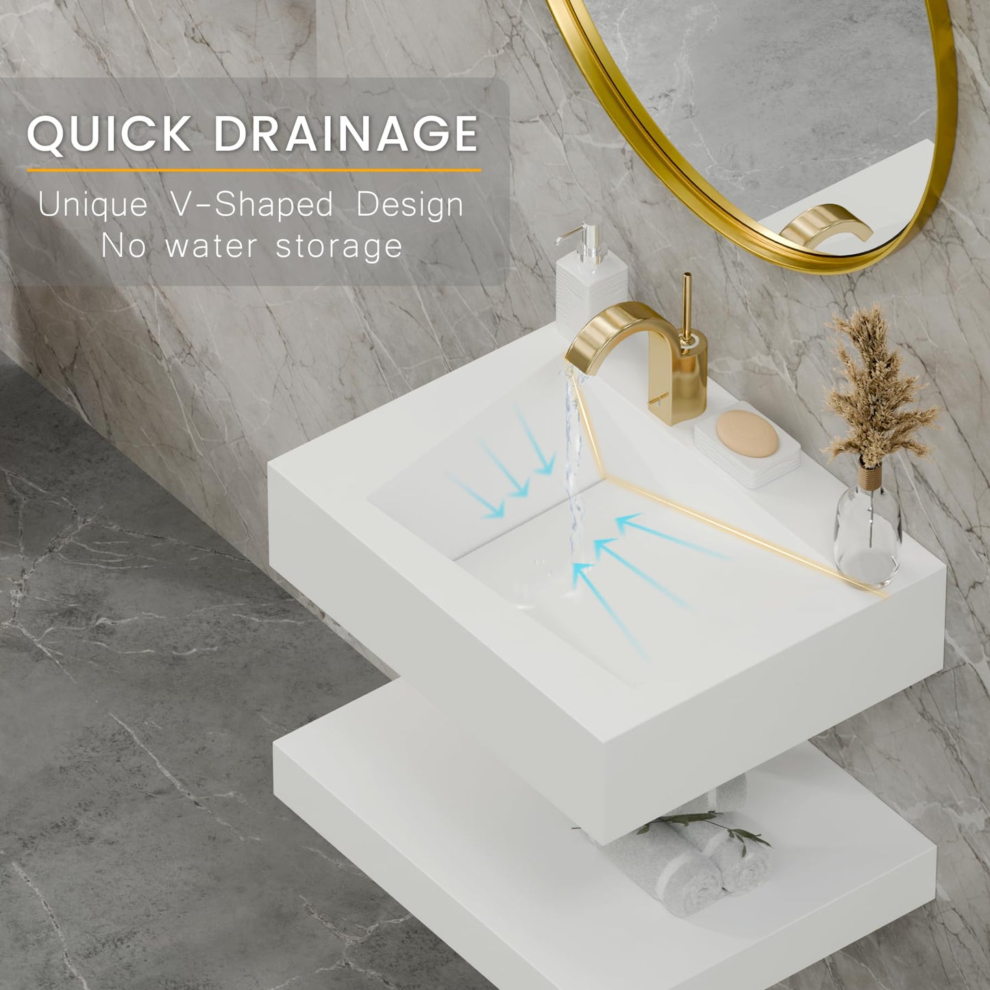 QJ&XY Resin Bathroom Sink 24" Wall Mounted V-Shaped White Basin Floating Vanity Vessel Sink in Soft-Touch Finish (Double Tier)