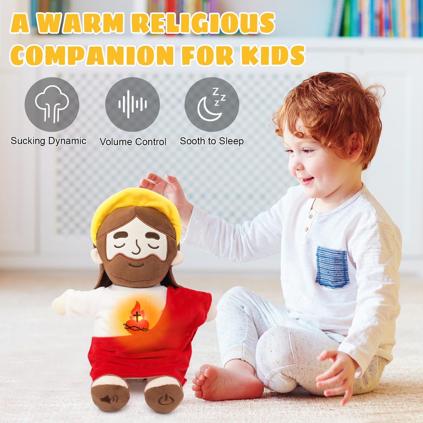 Yelakey Soothing Jesus Plush Toys with Light & Sound, 15" Jesus Stuffed Breathing Plushy Doll, Christian Catholic Religious Plushie Christmas Easter Gifts for Kids Baby (Red)