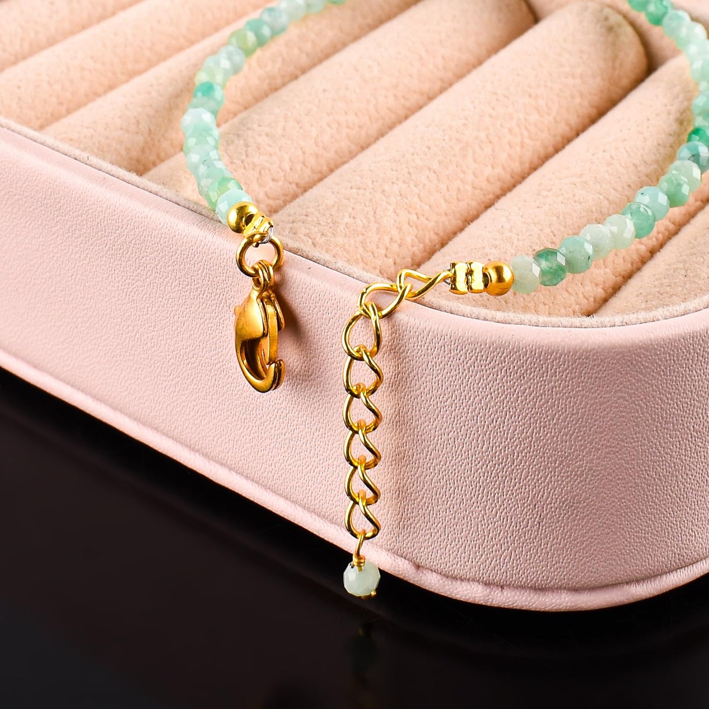 Natural Green Emerald Gemstone Micro Beads Dainty Bracelet Jewelry for Women, May Birthstone, Chakra Energy Crystals, 14k Gold Plated Chain 8 inch Adjustable