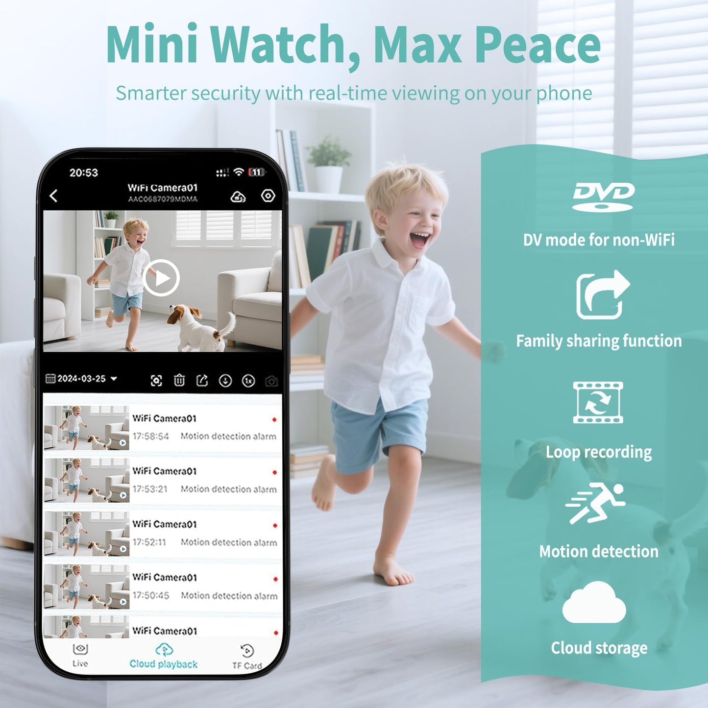 Mini Baby Camera Monitor, Nanny Cam for Home | Smart Indoor Security Camera with Free Cloud & SD Storage, WiFi or No WiFi Cam for Baby/Pet/Nanny Monitoring, Portable Design