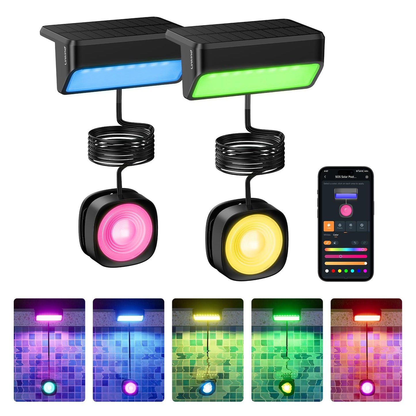 Linkind Smart Solar Pool Lights for Inground & Above Ground Pool, AI Dotis, Dual-Zone APP Control Pool Light, IP68 Waterproof Solar Power Pool Lights for Garden,Fence,Pond,2 Pack