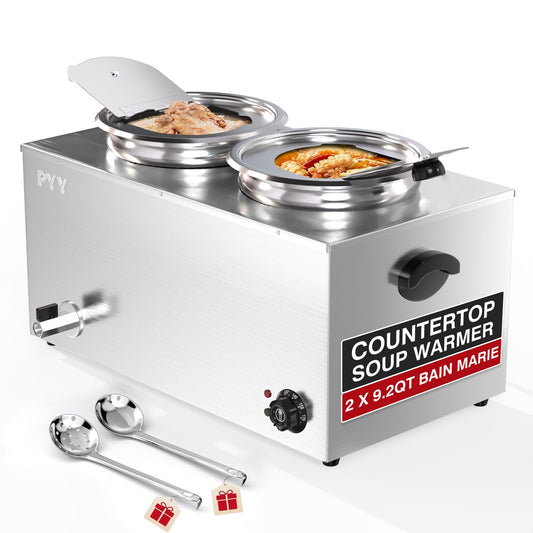 PYY Soup Warmer Commercial - Two 9.2QT Stainless Steel Bain Marie Round Pot 86~185°F Adjustable Temp, 1500W Electric Soup Warmer Countertop with Anti-Dry Burn and Reset Button for Restaurant, Buffet