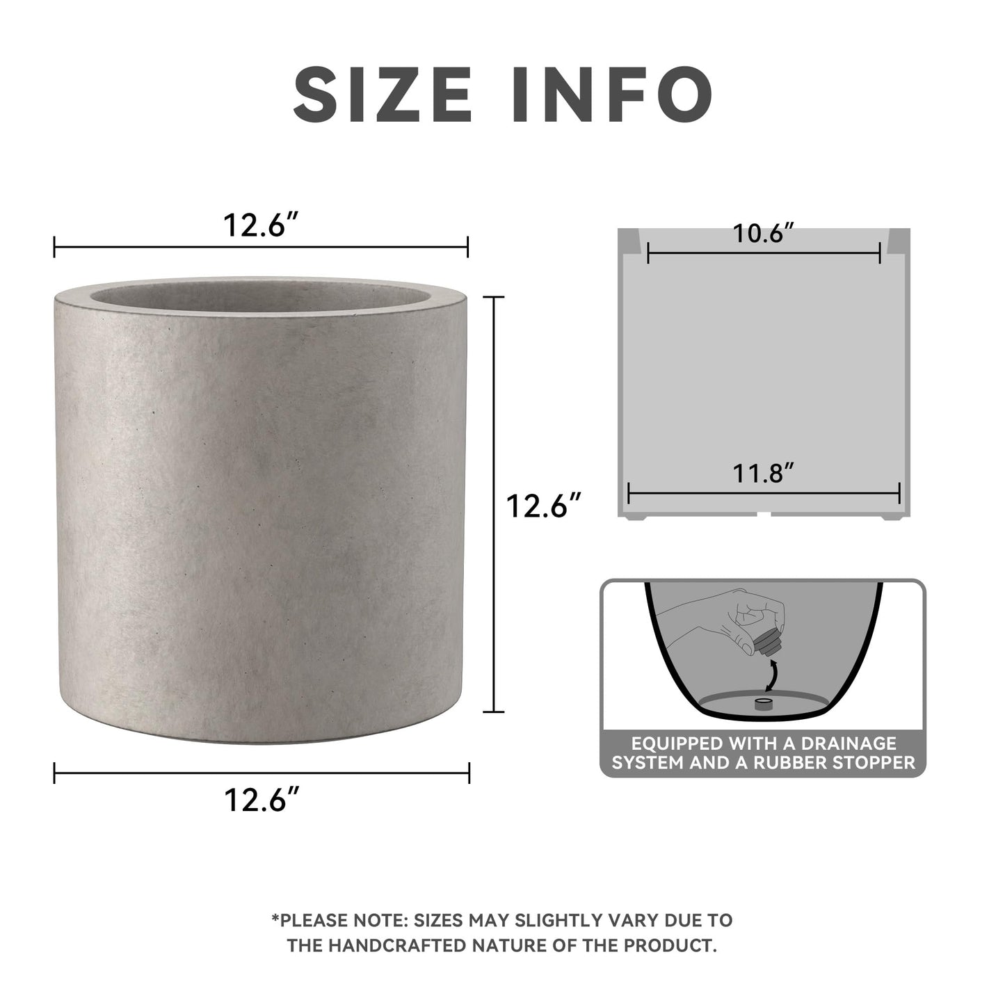 Kante 12.6" Concrete Cylinder Planter, Large Weather Resistant Concrete Planter with Drainage Hole & Rubber Plug, Handcrafted for Indoor Outdoor Plants & Patio Decor, Weathered Concrete Finish
