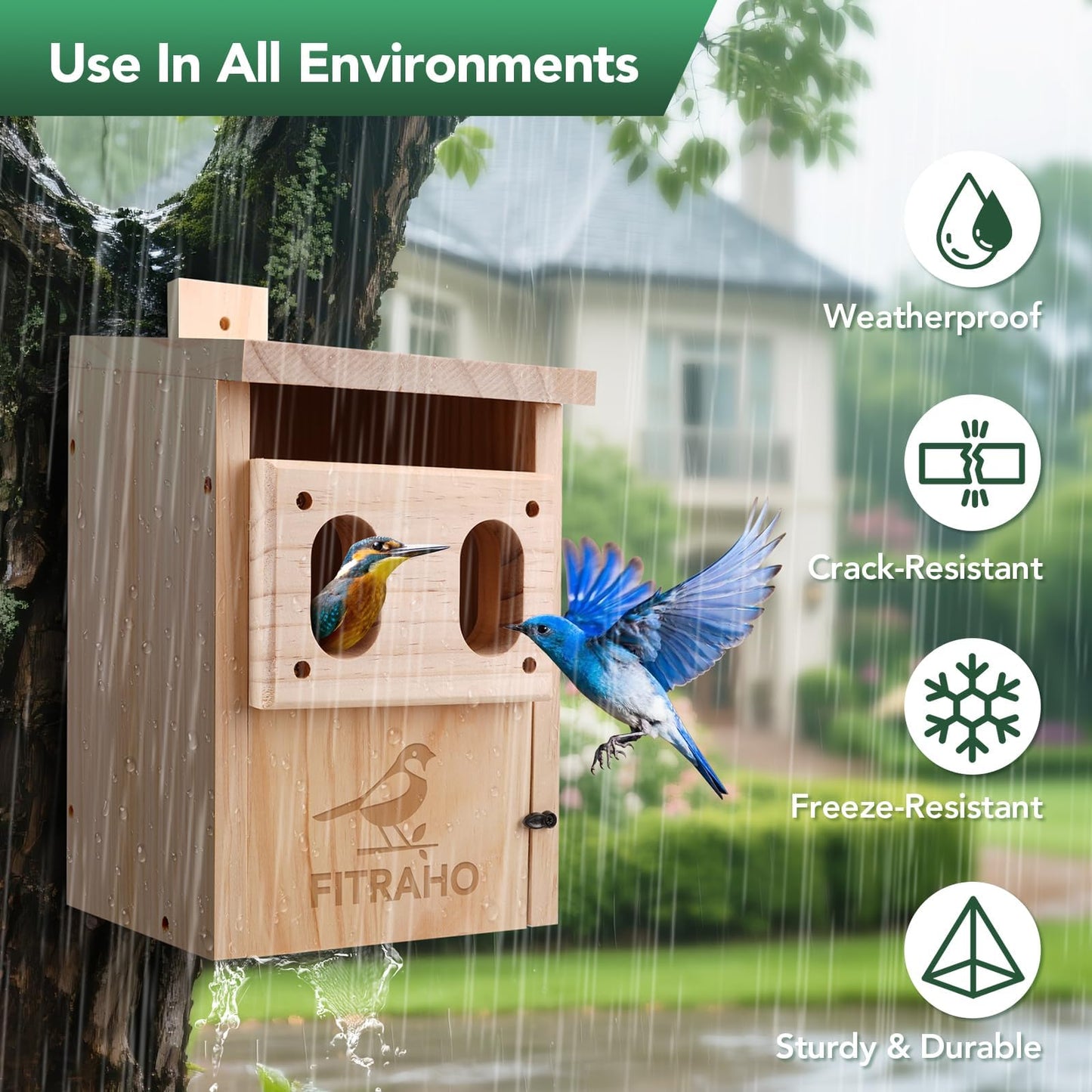 Bird Houses for Outside, Durable Birdhouse with Dual Entrances, Weatherproof & Perfect for Bluebirds, Wrens, Finches & Swallows