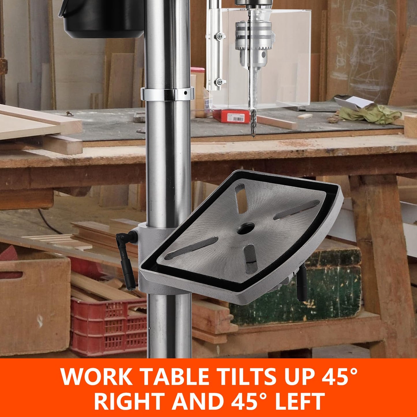 13 in Floor Drill Press, 7.5 Amp 120V Pure Copper Motor with Swing-away Safety Guard, 288-3084 RPM Variable Speed, 0-45°Tilting Worktable, Tabletop Drilling Machine for Wood Metal