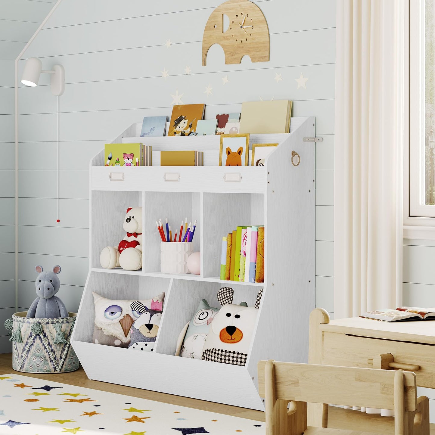 HOOBRO Kids Bookshelf, Toy Organizer and Storage, Bookshelf for Kids, 5 Compartments and 3-Layer Shelves, Bookcase Footboard, for Game Room, Playroom, Nursery, School, White WT34CW01