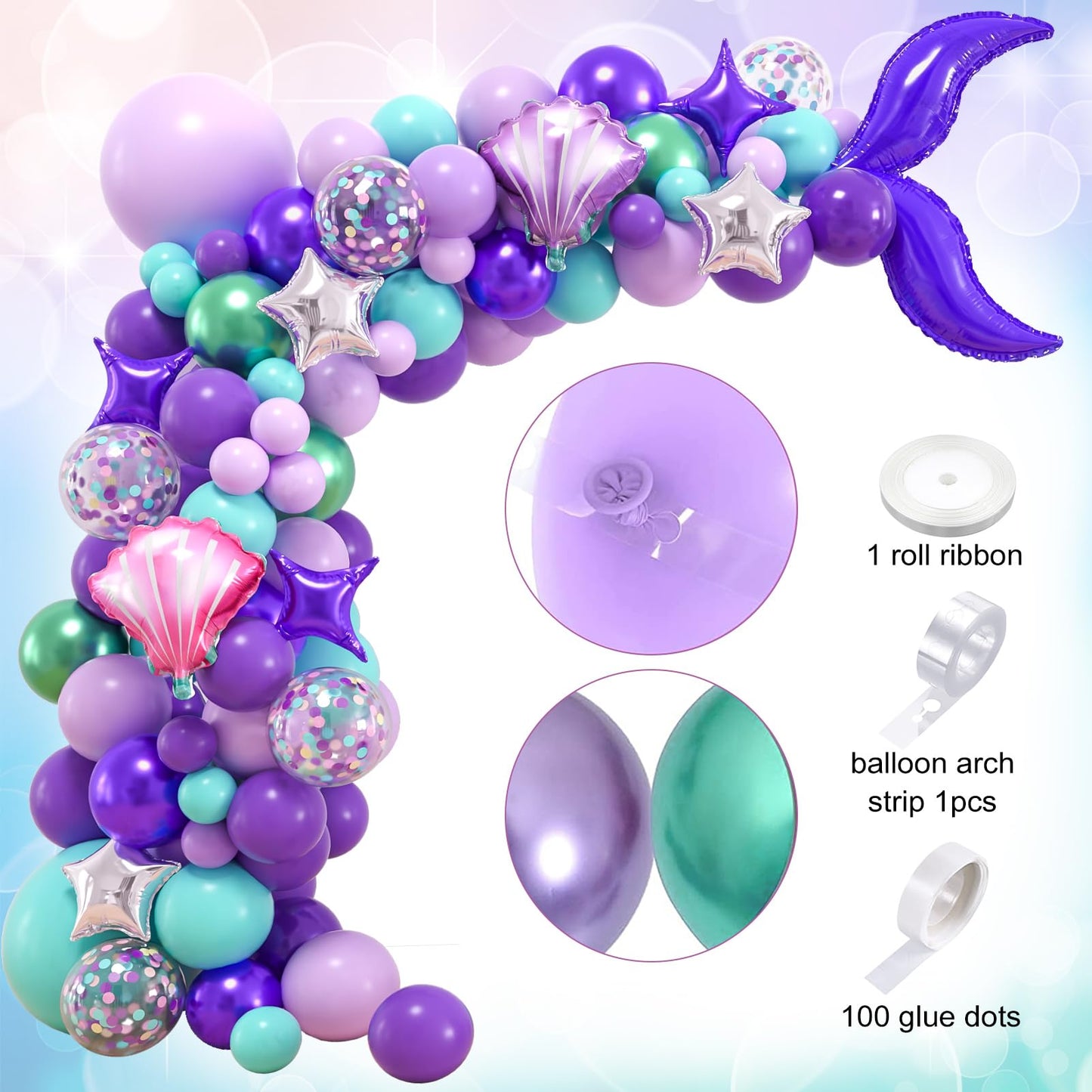 SNLN 139Pcs Mermaid Birthday Party Decorations Supplies for Girl Kid, Mermaid Balloon Arch & Backdrop Tablecloth Fringe Curtain Tail Shell Star Foil Balloon, Princess Themed Mermaids Party Decoration