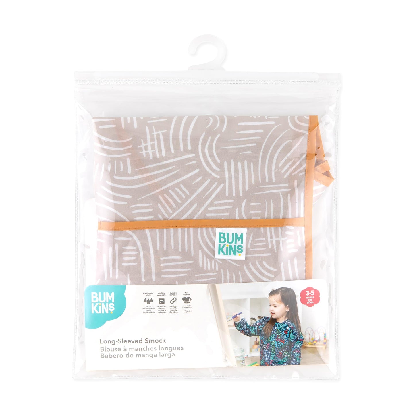 Bumkins Sleeved Smock, Toddler Reusable Waterproof Bib for Girls and Boys Ages 3-5 Years, Long Sleeve Childrens, Kids Paint Apron, Arts, Crafts and Play with Pocket, Soft Fabric, Boho Beige