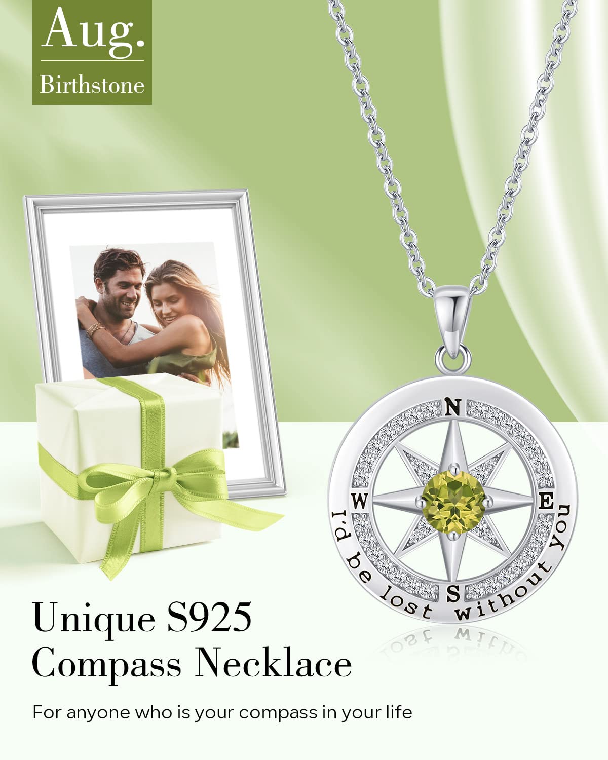 S925 Sterling Silver Necklace for Wife, Women Anniversary Year Gifts Compass Jewelry, Birthday Gift Ideas for Her Girlfriend Woman Necklaces, 18K White Gold August