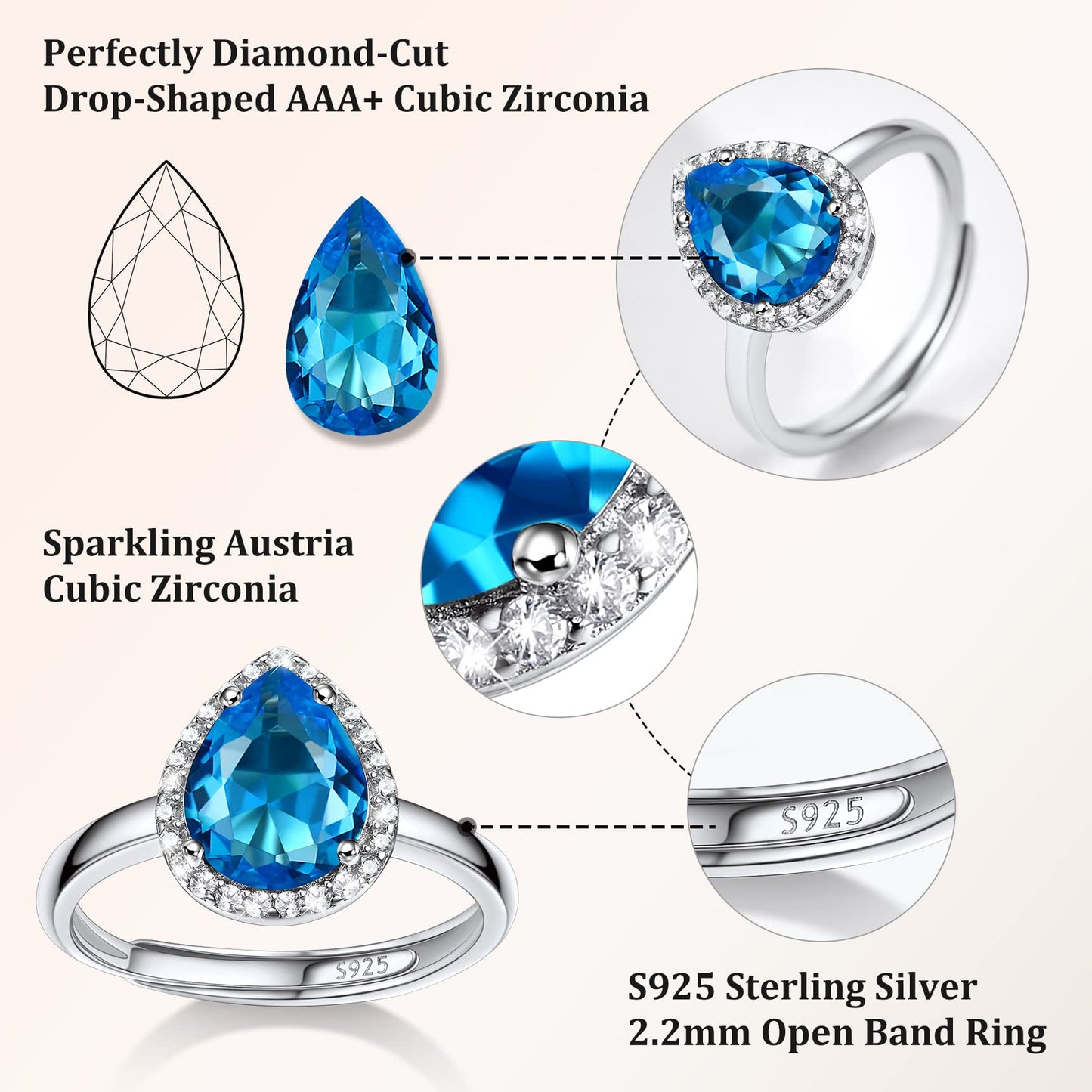 Bestyle CZ Teardrop Diamond Rings 5mm December Blue Topaz Birthstone Solitaire Rings, 925 Sterling Silver Rings Jewelry Gift for Wedding Anniversary Birthday