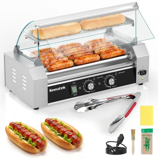 Seeutek Hot Dog Roller 5 Rollers 18 Hot Dogs Capacity 1100W Stainless Hot Dog Toaster, Hot Dog Machine W/Dual Temperature Control Glass Hood Acrylic Cover Warmer Shelf Removable Oil Drip Tray