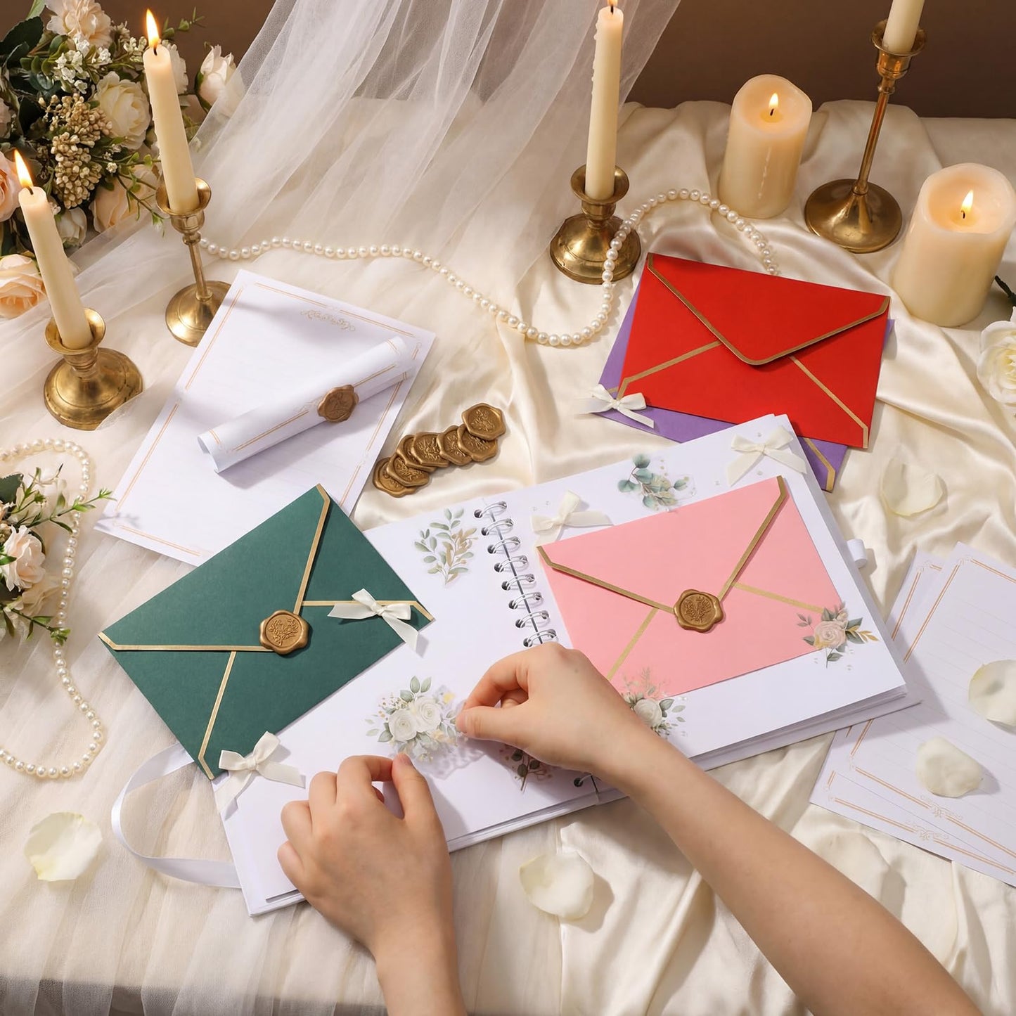 FunooFuno 8 x 8 Inch DIY Letters to the Bride Scrapbook Wedding Memory Book Bridal Blank Paper Scrapbook with Pearl Letter Stickers Bows Wax Seal Stickers Envelope for Wedding Bridal Shower Gifts