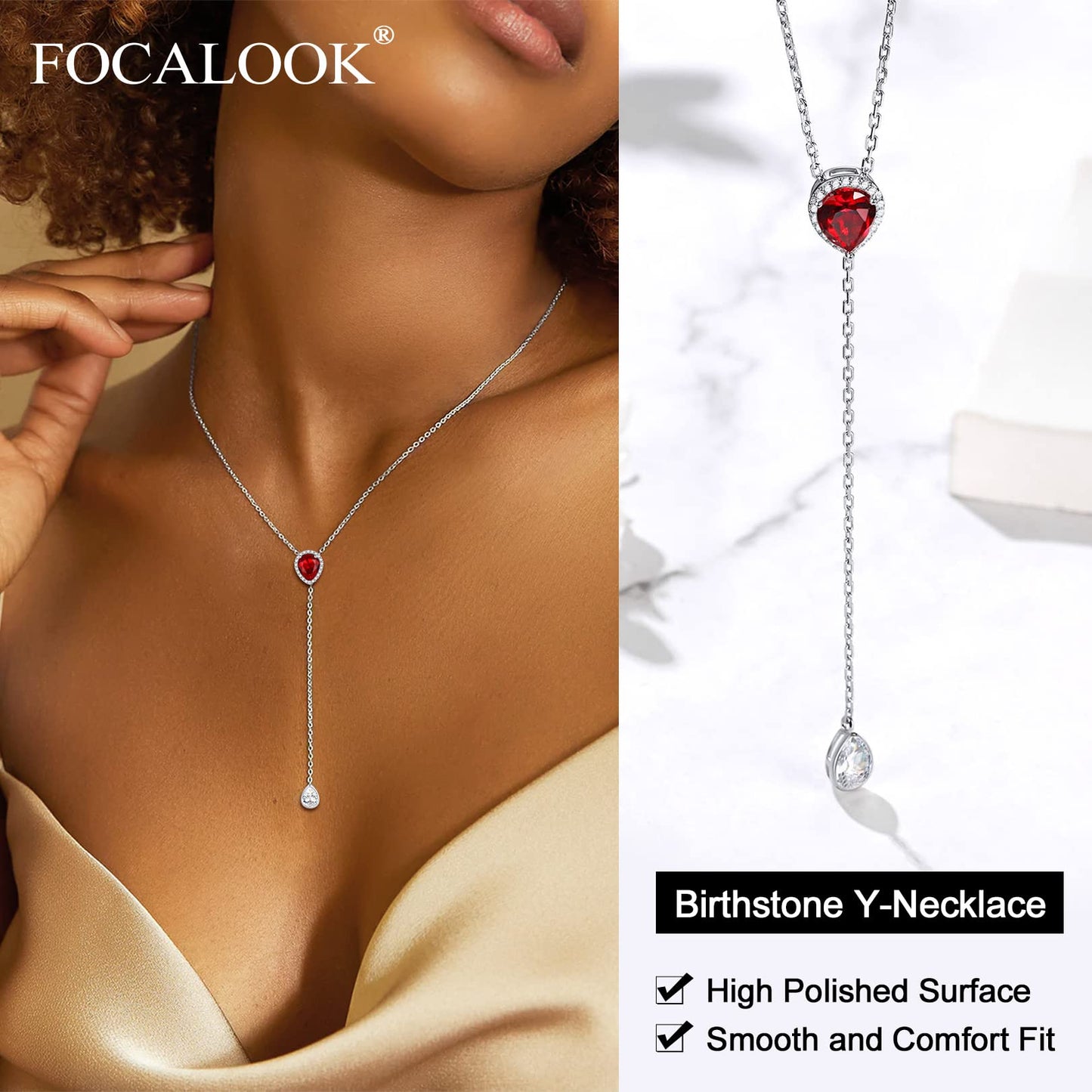FOCALOOK 925 Sterling Silver CZ Teardrop Lariat Necklace 16"-18" Y Drop Adjustable Birthstone Necklaces for Women
