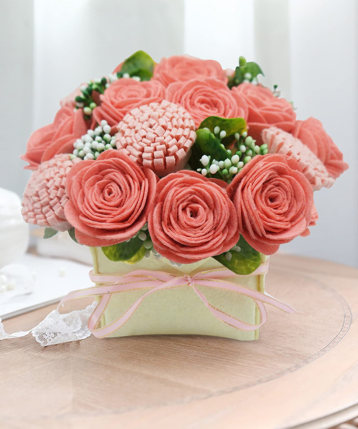 BAZIMA DIY Felt Flower Art Craft Kit, Pink Rose and Carnation Pot Bonsai Kit, Floral Gifts, Beginner Craft Kit, Arrange Pre-Cut Flowers and Foliage