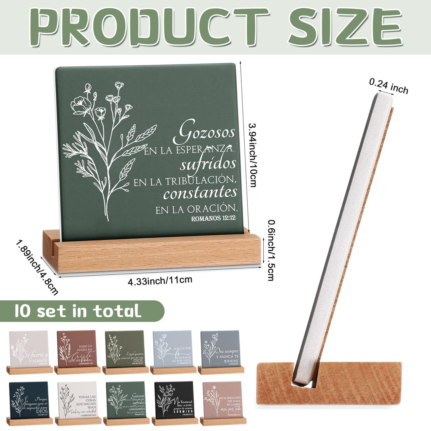 Roowest 10 Pcs Christian Gift for Mom Bible Verse Desk Decor Religious Ceramic Table Plaque Sign with Wood Stand for Women Men Mothers Day Church Graduation Party Favor(Spanish)