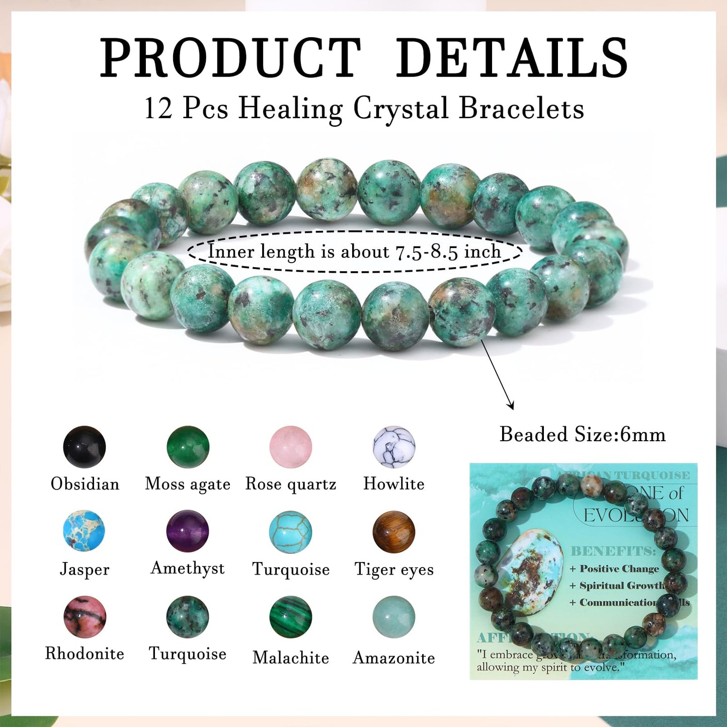 FIRAZIO 12PCS 6mm 8mm Gemstone Beaded Bracelets for Women Semi-Precious Natural Crystal Bracelets Round Beads Gemstones Stretch Bracelet Jewelry Gift