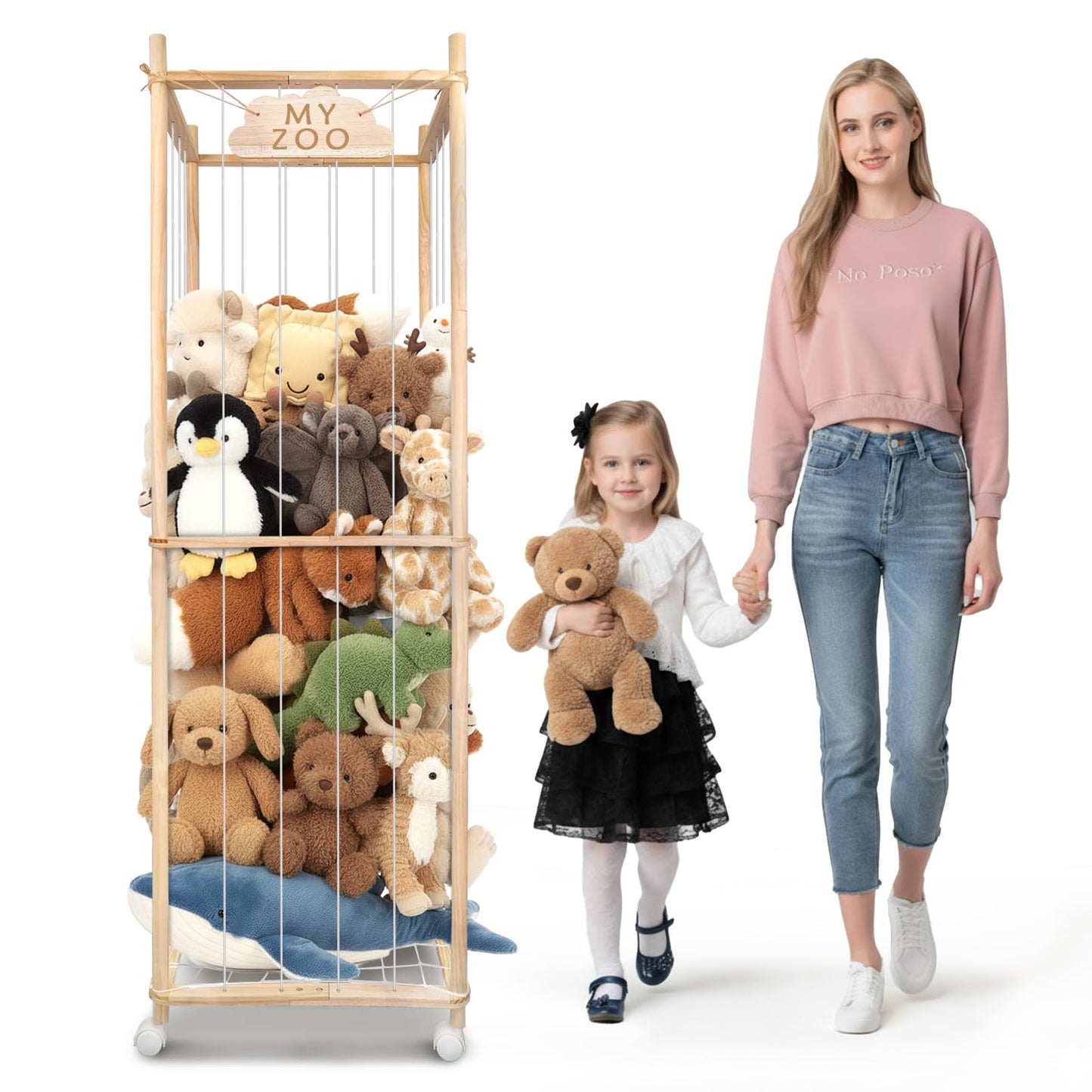 BETBEM Stuffed Animal Storage Zoo with Wheels, 64" Wooden Large Stuff Animals Plushies Holder Toy Organizer Kids Plush Storage Cage with Elastic Band and Net for Nursery Playroom Corner for Toddler