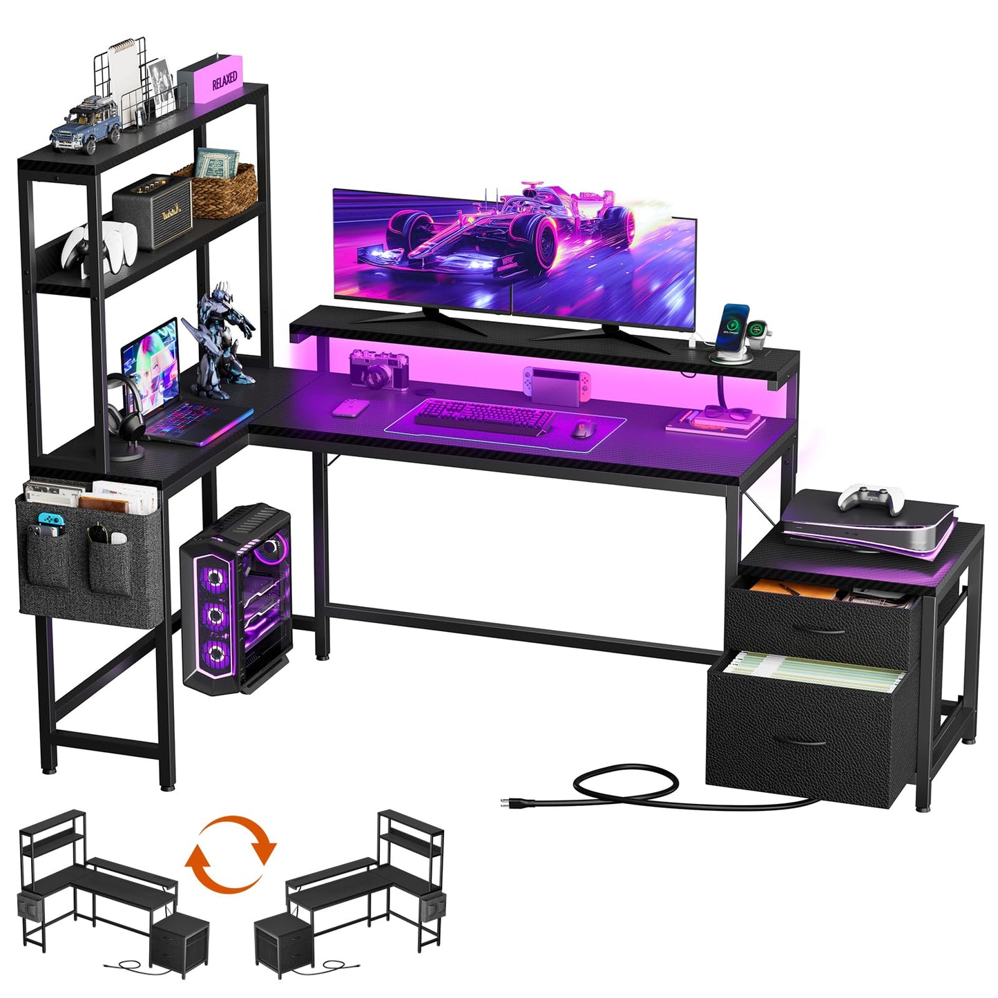 REAHOME 70 Inch L Shaped Desk with File Drawers and Reversible Storage Shelves, Computer Desk with Power Outlet & LED Strip, Home Office Desks, Writing Study Desk for Bedroom, Carbon Fiber Black