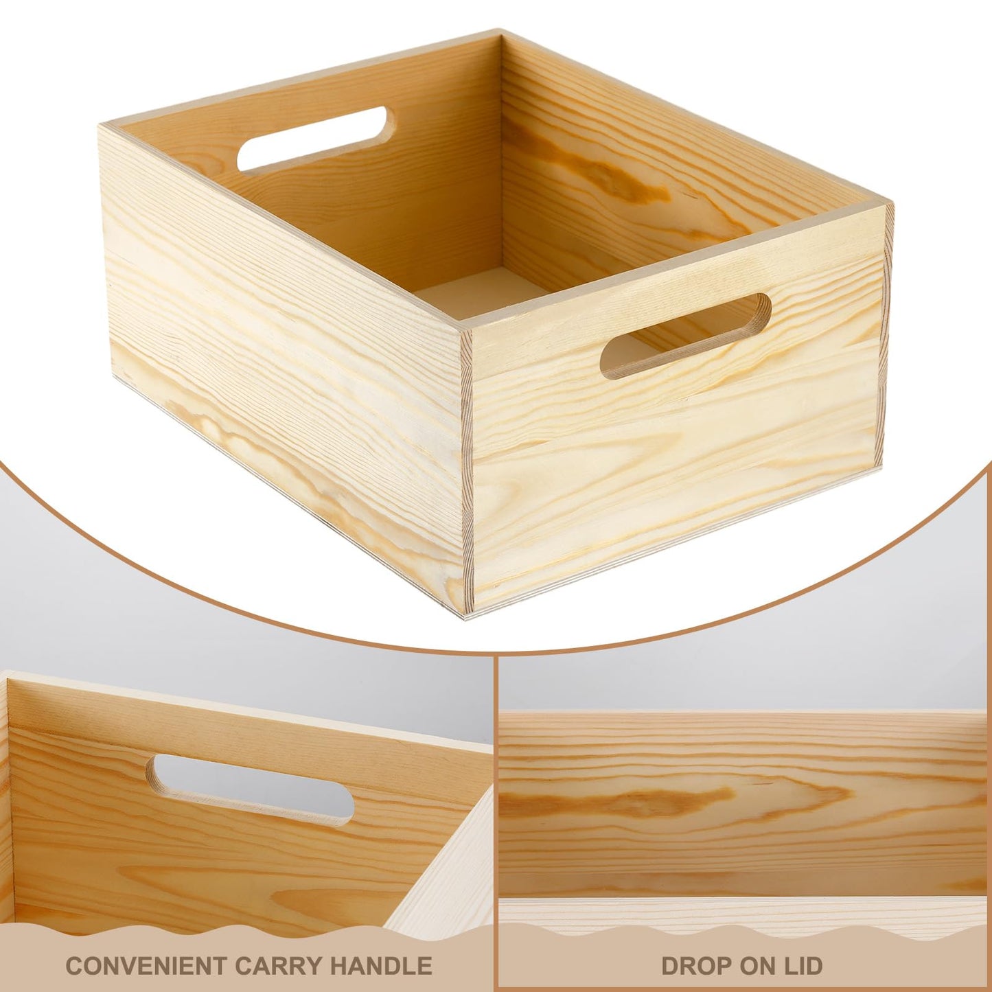 Menkxi Large Wood Crates with Hand Holes, 15 x 12 x 7 Inches Pine Wooden Box Unfinished Wood Crate for DIY Craft Arts Hobbies and Home Storage(15 x 12 x 7 Inch)