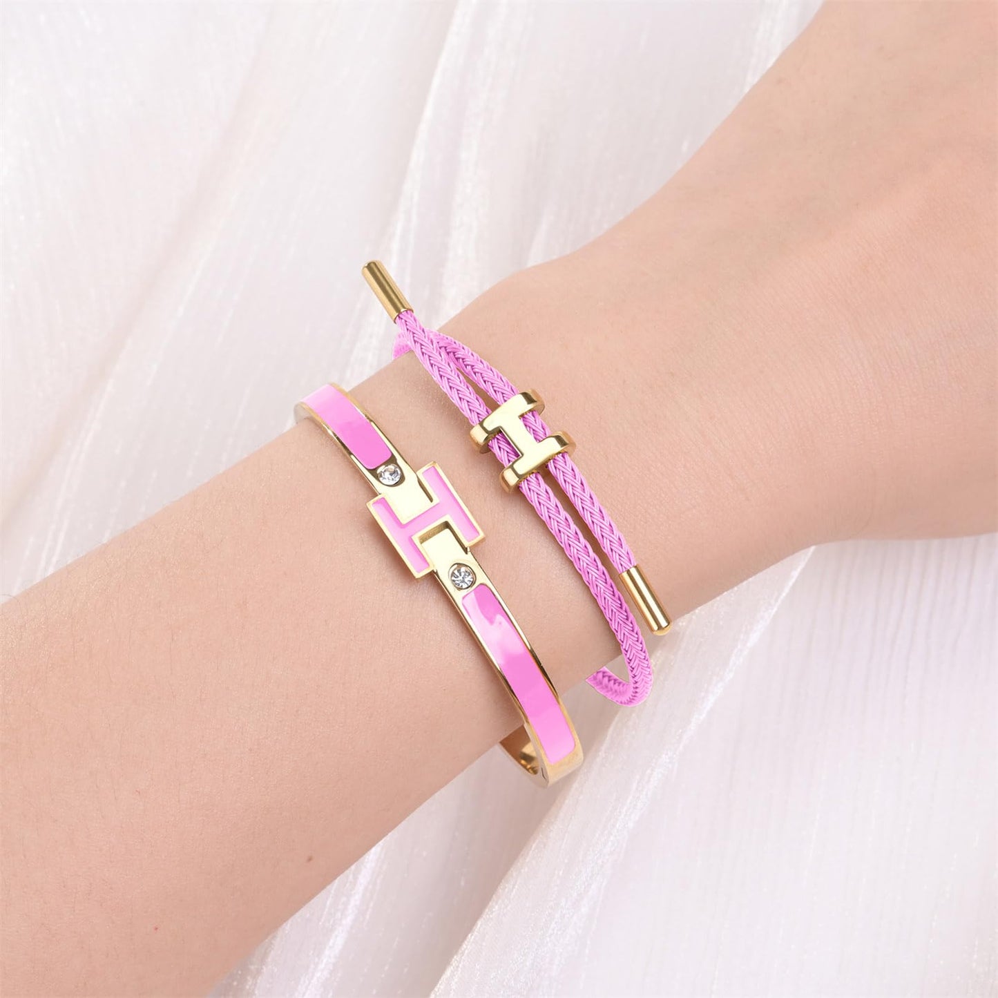 Hothink H Bracelets for Women,H Bangle and H Wire Rope Bracelet Set,Dainty Gold Bracelets Set for Christmas Mothers Day Gifts for Women (Gold-Pink)