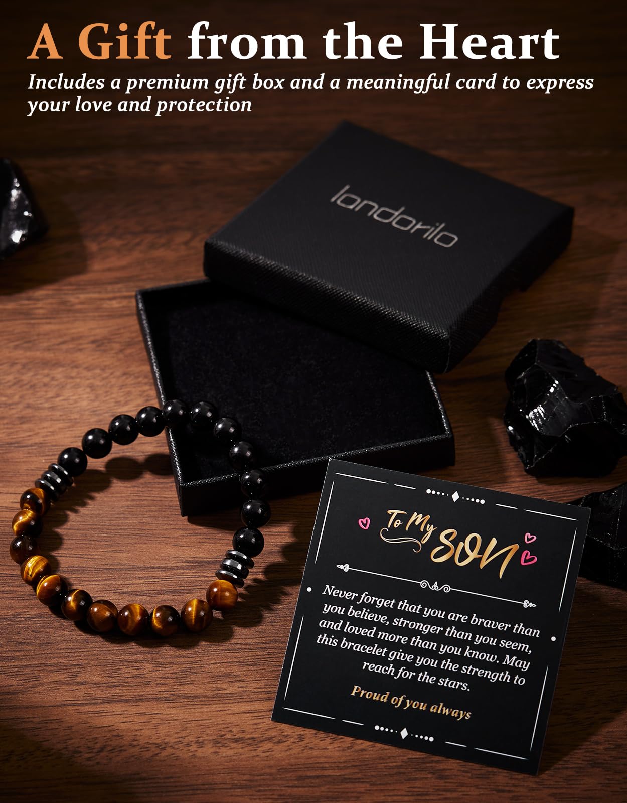 Landorilo Gifts for Men, 8mm Natural Stone Beaded Bracelets, Black Tourmaline & Tiger Eye Healing Bracelet, Handmade Mens Jewelry Gift for Him, Husband, Son, Father, Friend(To My Son-8.3in)