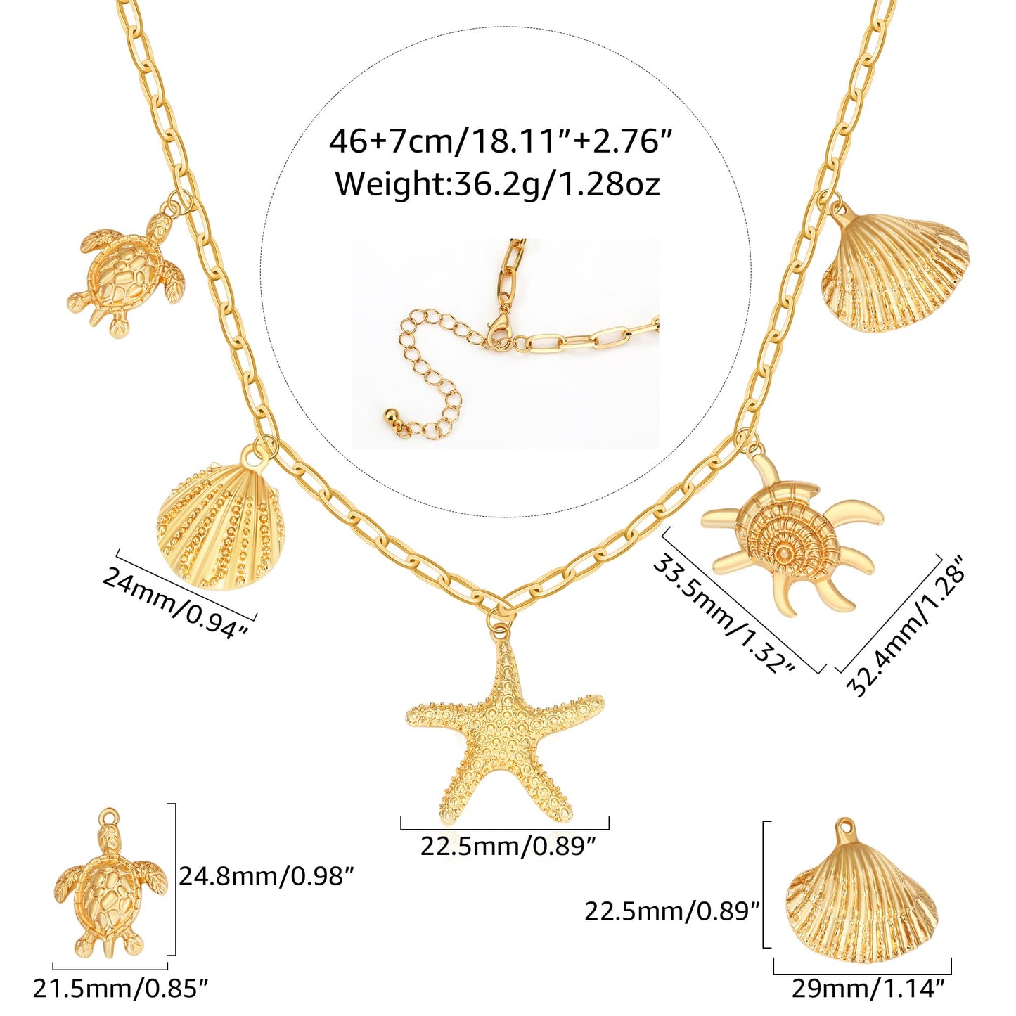 MISS RIGHT Charm Necklace for Women, Chunky Gold Starfish Seashell Shell Conch Turtle Charms Pendant Necklace Paperclip Chain Summer Beach Choker Necklace Jewelry Gifts