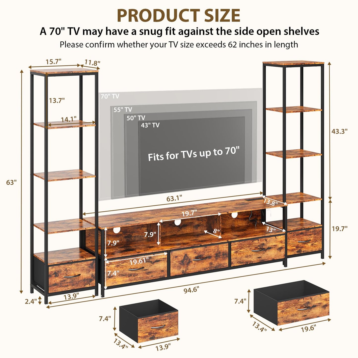 Takywep Modern TV Stand with Bookshelf, Wood and Metal Compact Entertainment Center with Fabric Drawer, LED Lights & Charging Hub for Living Room