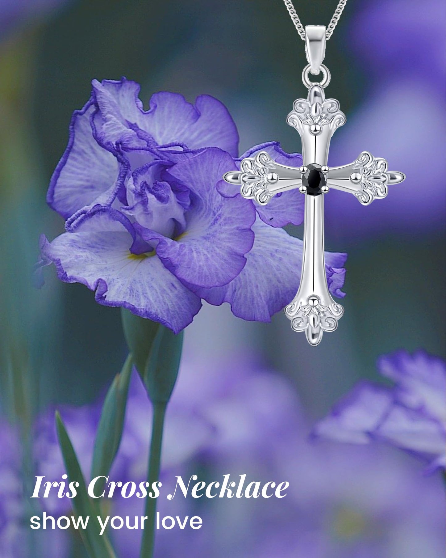 ACECHA Silver Cross Necklace for Women, Dainty Faith Cross Pendant Necklaces with Birthflower Jewelry for Mom Wife Daughter Sister | Gifts for Birthday Anniversary Christmas Easter(Iris)