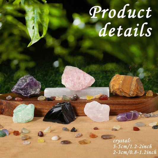 MAIBAOTA 17 Pcs Crystals and Healing Stones 14 Pcs Raw Healing Crystals and Chakra Stones Set Amethyst Rose Quartz Selenite Gemstones Necklace for Meditation Guide for Beginners (with Gift Box)