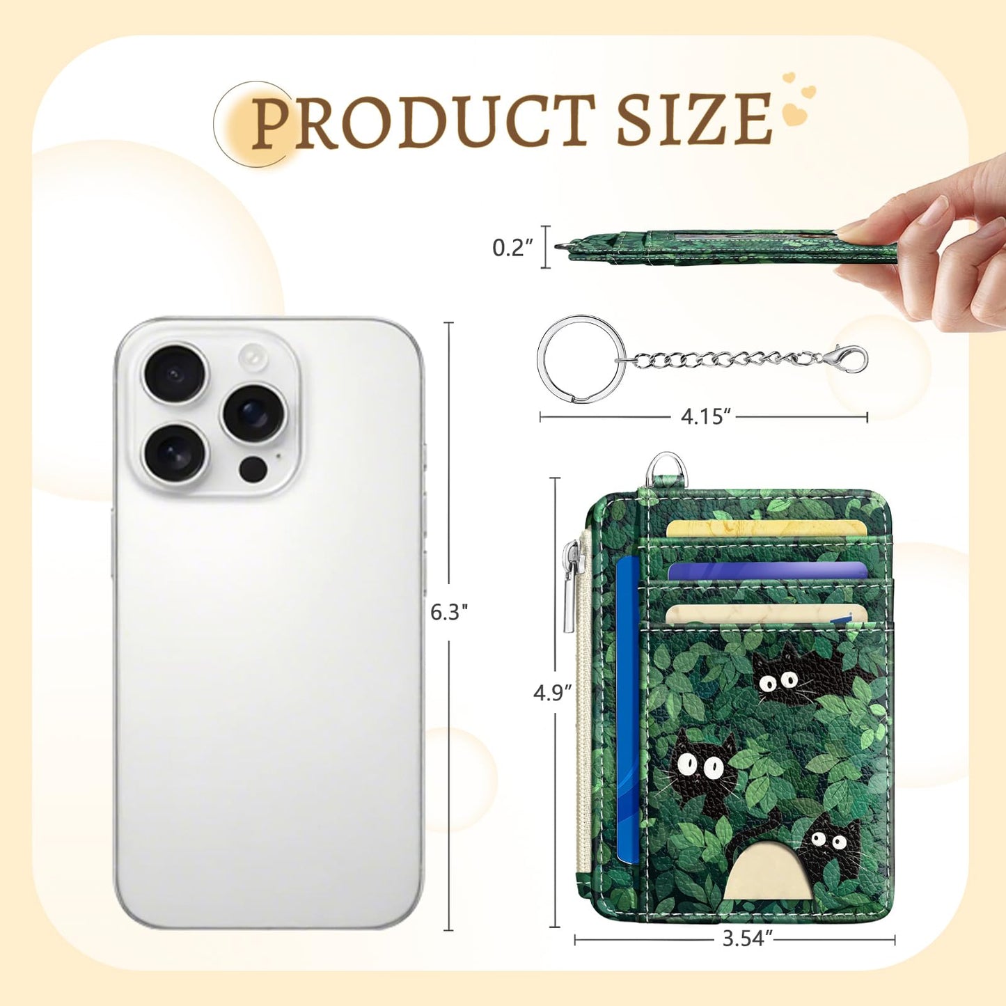 Cute Black Cat Credit Card Holder Small Wallet Women, Green Grass Slim RFID Blocking Wallet Woman Keychain with Zipper Coin Pocket, Front Pocket Thin Travel Card Case with ID Window for Ladies Gifts