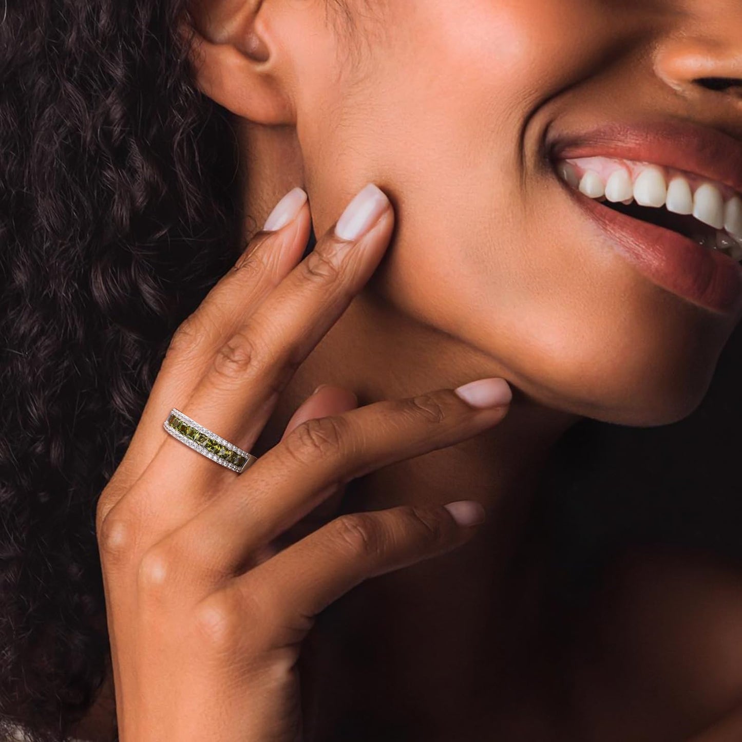 RANDES Peridot Ring August Birthstone Ring 925 Sterling Silver Band Rings for Women Channel Set Princess Cut Eternity Band Size 10