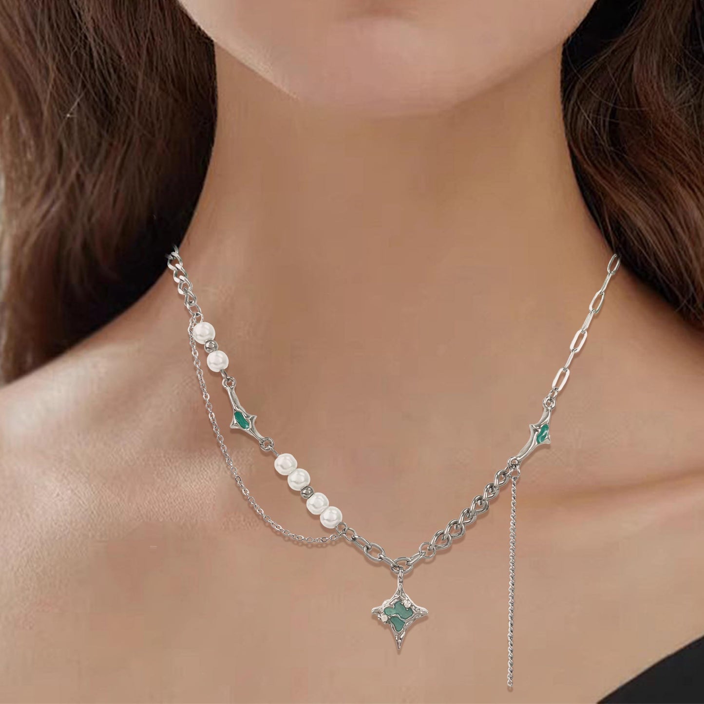 Y2k Irregular Starlight Necklace for Women Spliced with Tassel Pearl Jewelry Collar Chain Women 17.71 Inch