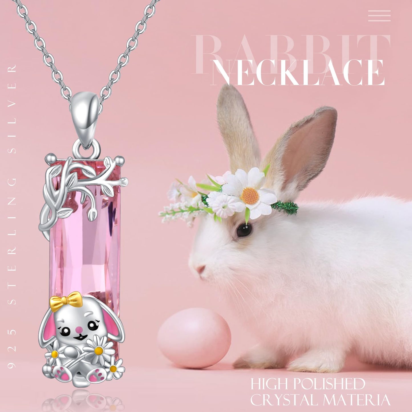 AENEAS Bunny Necklace 925 Sterling Silver Rabbit Pendant Necklace Pink Crystal Bunny Jewelry Gift for Women Wife Daughter