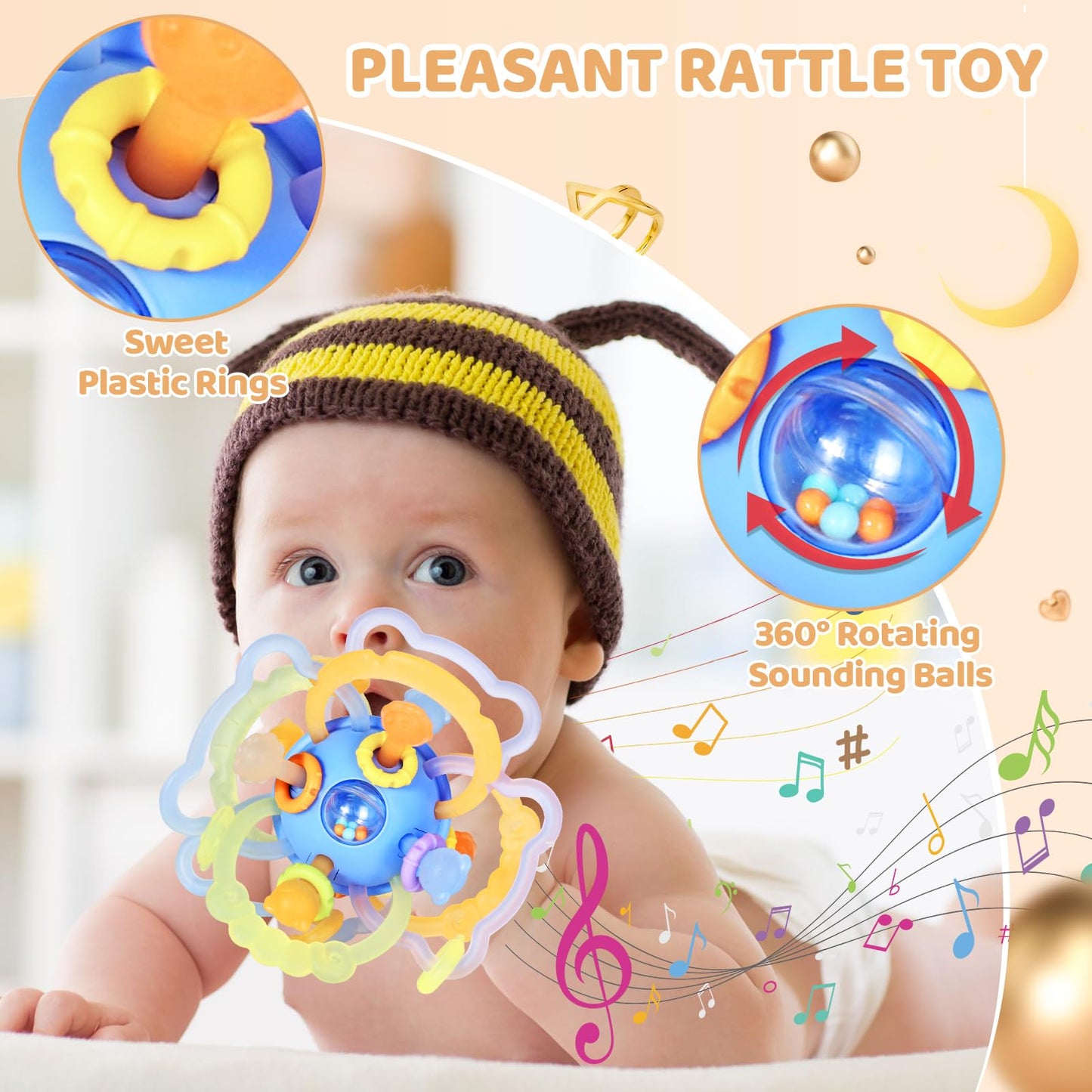 Baby Sensory Teething Toys, Baby Montessori Teether Toys for 0 3 6 9 12 18 Months, Silicone Tummy Time Toy with Rattle Ball for Newborn Infant, Learning Delopmental Gift for Boys Girls, Blue