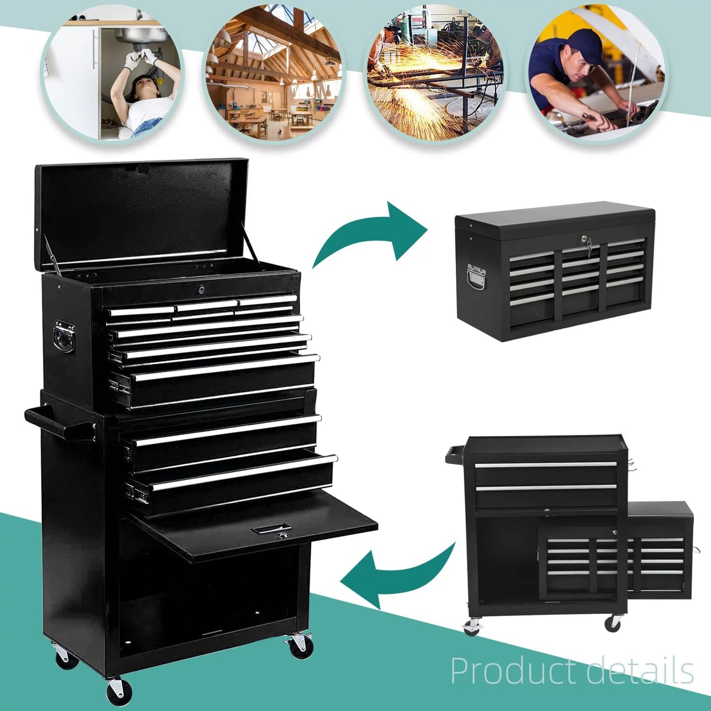 Clickoods 8-Drawer Rolling Tool Chest – 2-in-1 Lockable Tool Box with Wheels, Sliding Drawers & Detachable Top – Garage & Workshop Storage Cabinet, Black
