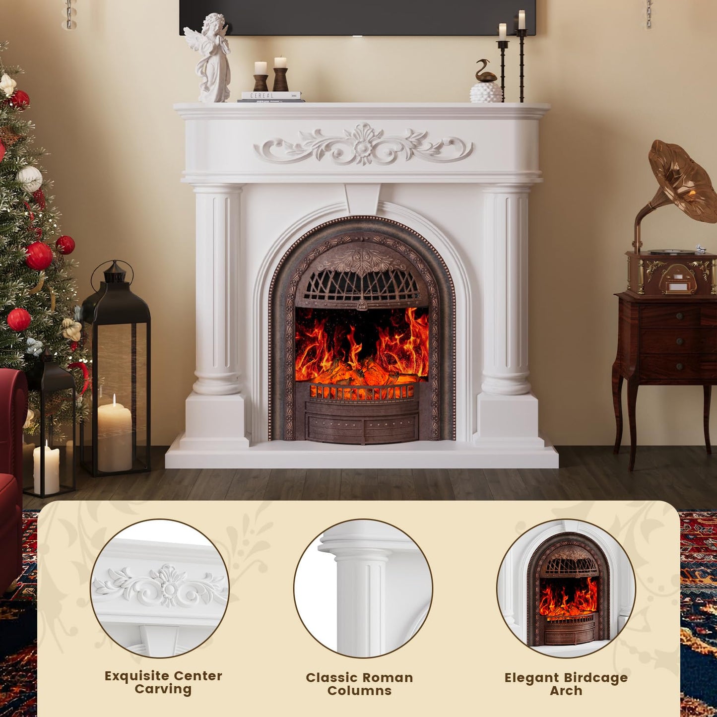 50” Solid Wood Electric Fireplace with Mantel, White Roman Column TV Stand with Bronze Birdcage Heater Insert, Elegant Fireplace for Living Room, Bedroom & Entryway