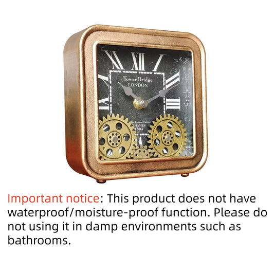 6 Inch Steampunk Desk Clock with Moving Gears, Vintage Metal Table Clock for Home Office Decor, Silent Non-Ticking Quartz Movement, Battery Operated Industrial Mantle Clock for Desk Shelf (GOLD)