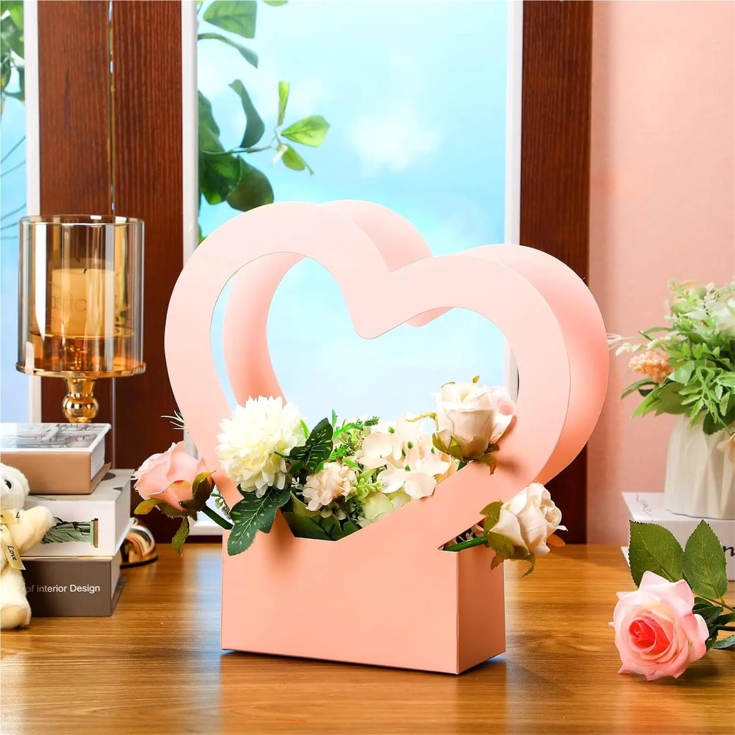 Nikeg Kraft Paper Flower Gift Bags 12Pcs Paper Flower Box for Arrangement Bouquet Gift Bags with Handle Waterproof Packaging Floral Wrap Wedding Birthday Party(Pink)