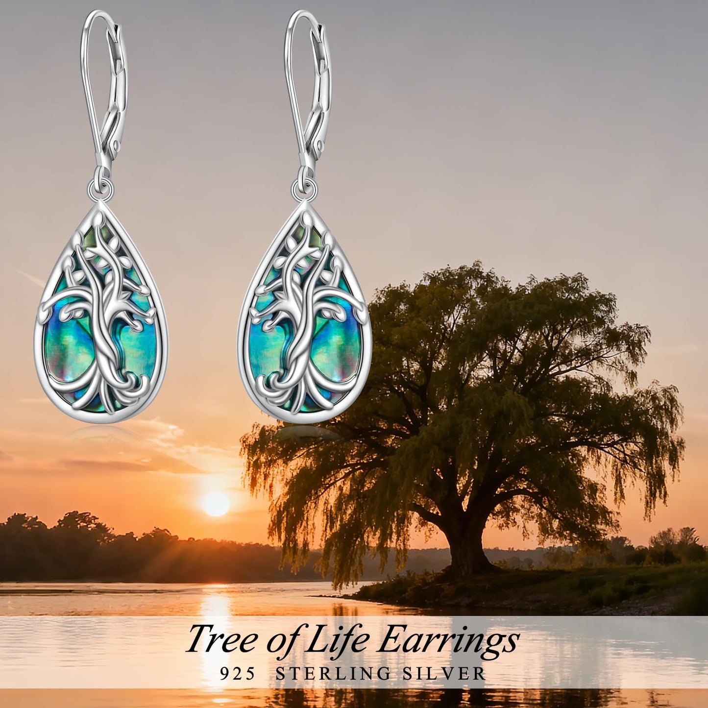 SHAOAN 925 Sterling Silver Tree of Life Dangle Drop Earrings for Women Abalone Shell Teardrop Earring Jewelry Gift for Anniversary Birthday Christmas Mother’s Day
