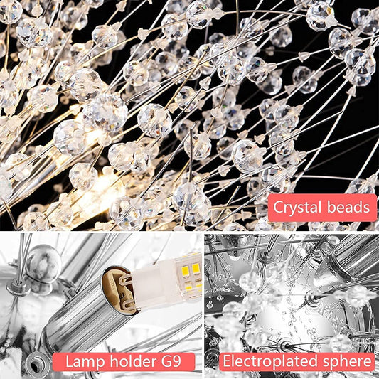 Yiisem Modern Crystal Chandeliers, 12-Light Chrome Dandelion Firework Pendant Lighting, Chandelier Light Fixtures for Dining Room Bedroom Living Room Kitchen Aisle Hallway Entryway