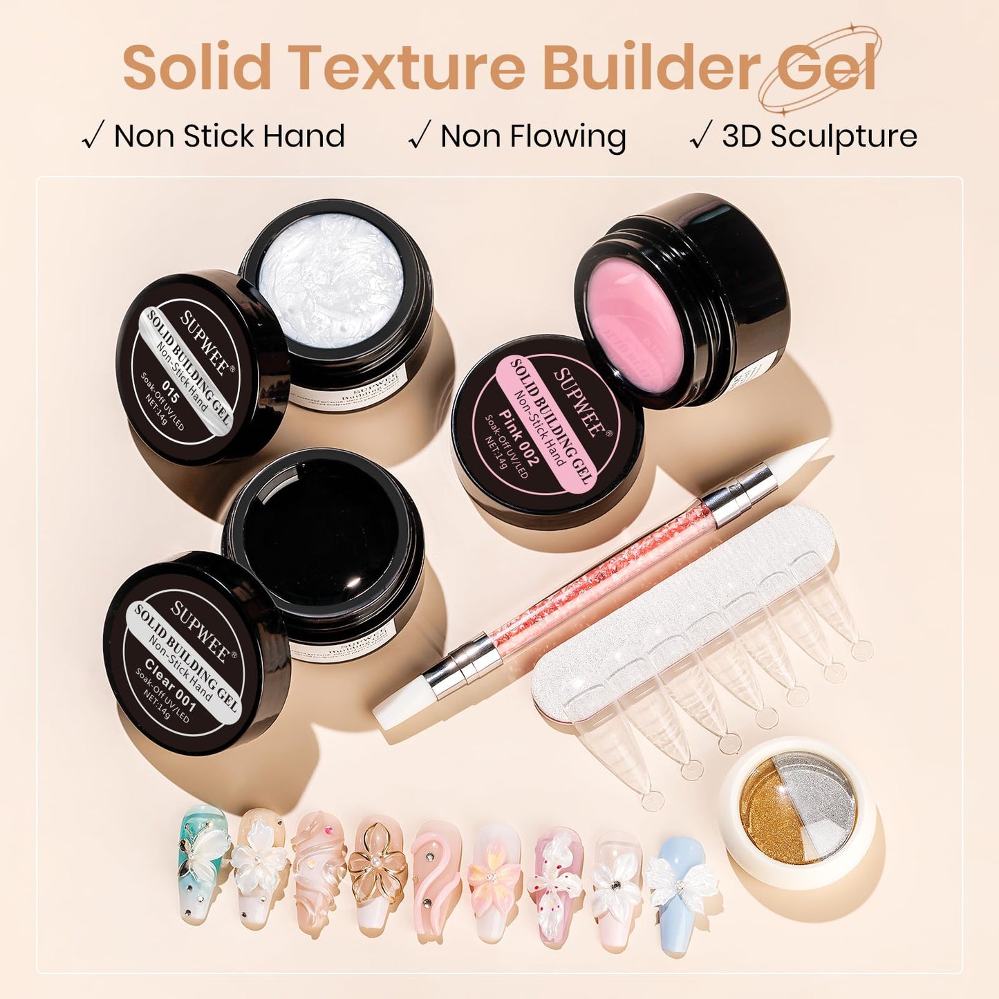 SUPWEE 3d Gel Nail Art Sculpture Non Stick Hand Molding Gel for Nails Multifunctional Solid Builder Gels for Extension Carving Sculpting Beauty Charms for Beignner and Salon DIY