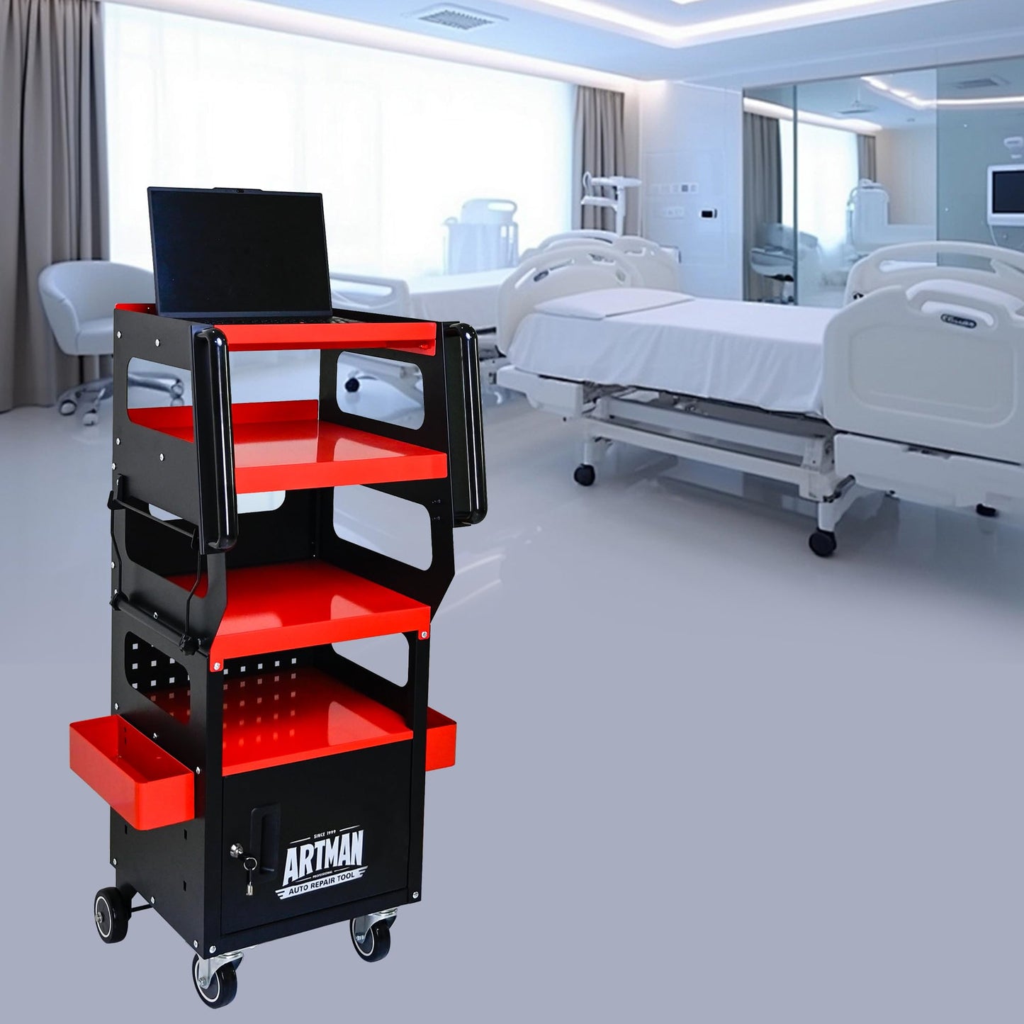 Professional 4-Tier Rolling Tool Cart with Locking Cabinet, Heavy-Duty Steel Detailing Cart for Mechanics, Mobile Garage & Workshop Storage