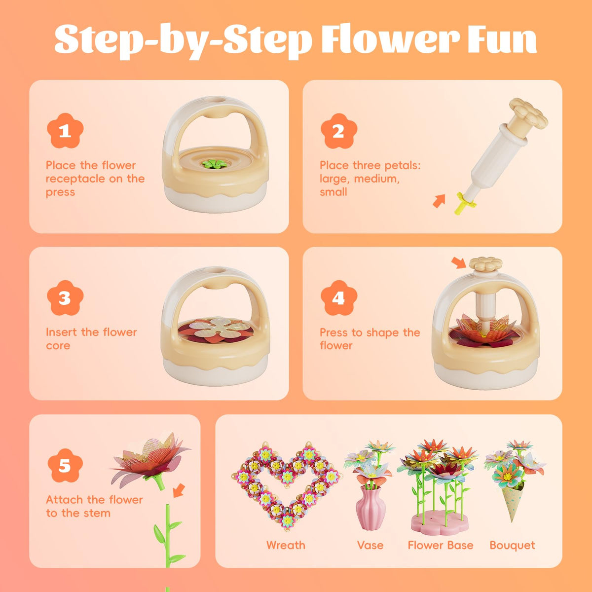 Fabric Flower Bouquet Craft Kit, DIY Arts & Crafts Toy for Kids, Creative Flower-Making Activity Set, Educational Preschool Toy, Perfect Birthday & Christmas Gift for Girls Ages 4 5 6 7 8+ (yellow)