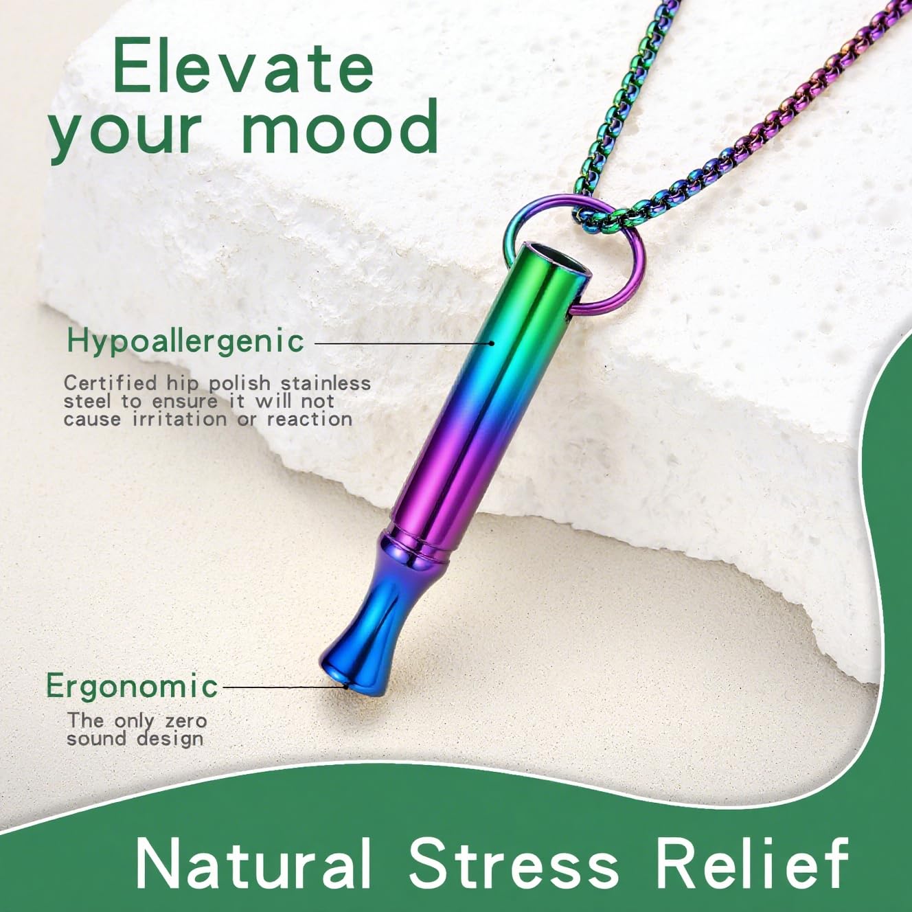hooppoo Breathing Necklace for Calm & Focus - Personal Essential Oil Diffuser for Anxiety Relief, Quit Smoking, Yoga and Meditation - Reusable Stainless Steel Pendant for Women Men (Rainbow)