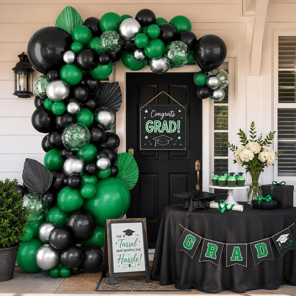 Black Green Balloon Garland,BTZO Balloons Arch Kit With Metallic Silver Confetti Balloon,Black and Green Balloons for Birthday Wedding Bridal Shower Graduations Party Decorations