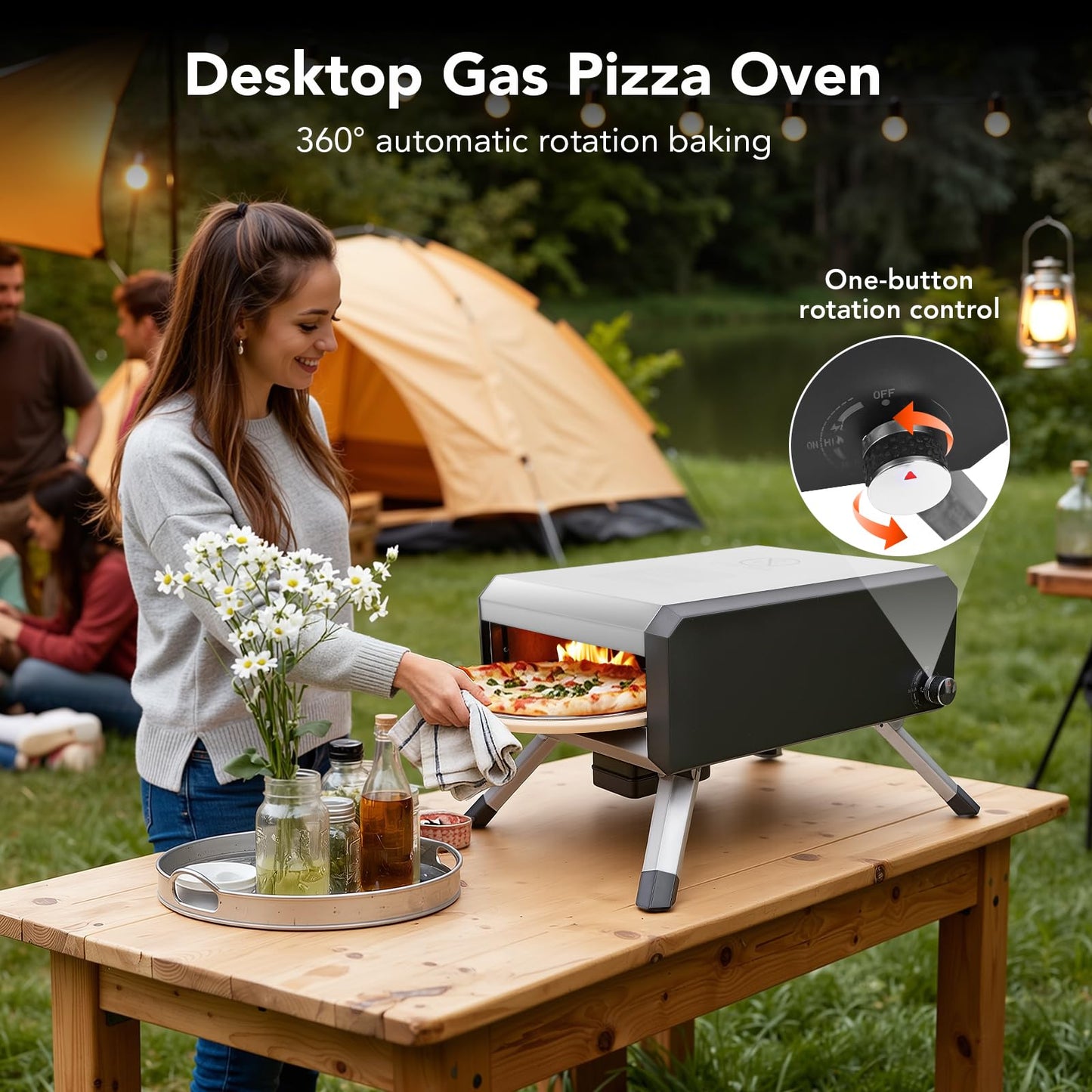 Pizza Oven, with 14" Pizza Stone and Legs,Automatic Rotation Function Outdoor Gas Pizza Ove, Carbon Steel Material,Maximum Temperature of 700°F, for Camping, Parties and Backyard Barbecues,Outdoor