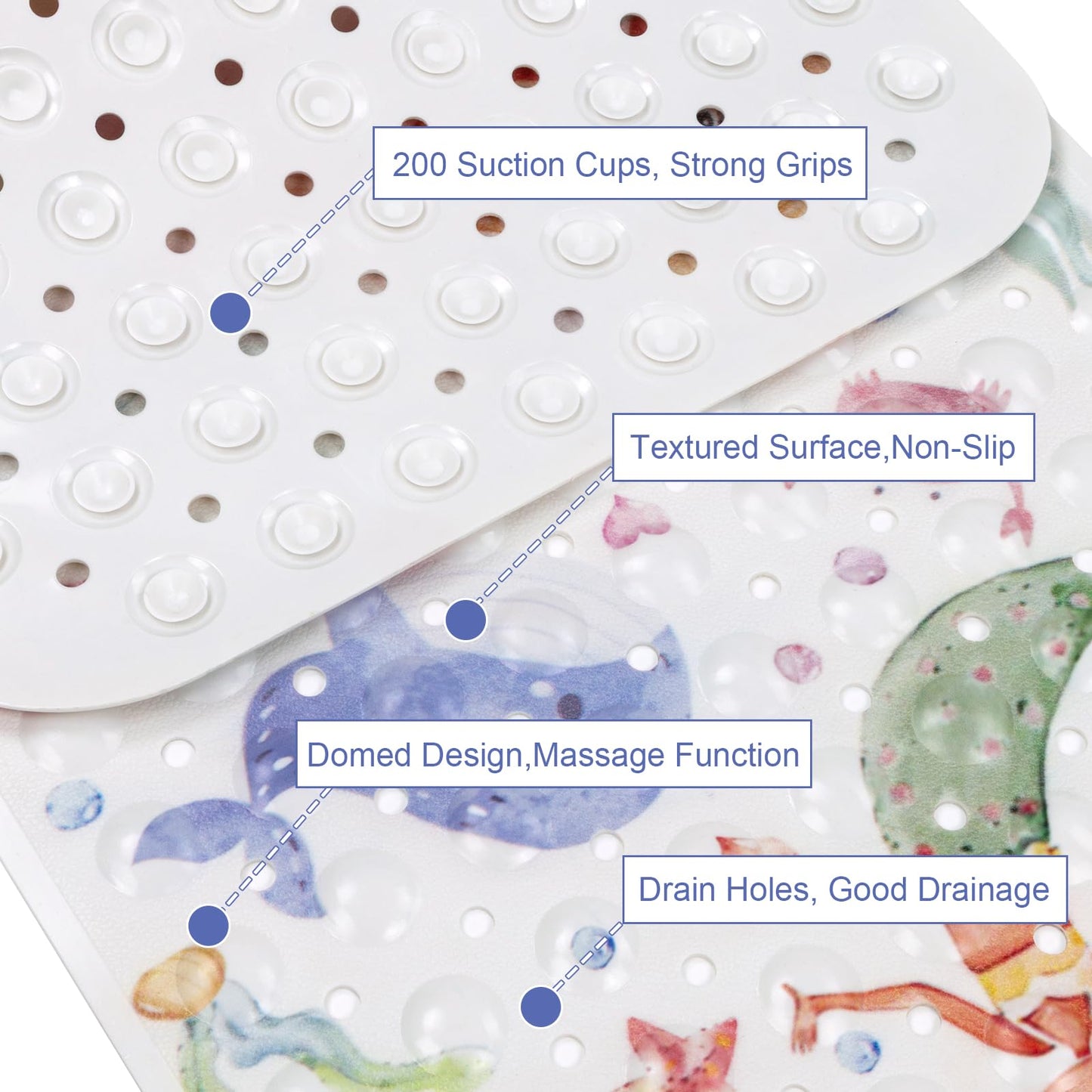 Topotdor Baby Bath Mat, Cartoon Bath Mat for Tub Non Slip Kids, 40x16 Inch Extra Long Toddler Bathtub Mat with Drain Holes & Suction Cups, Machine Washable Anti-Slip Shower Mat, Mermaid