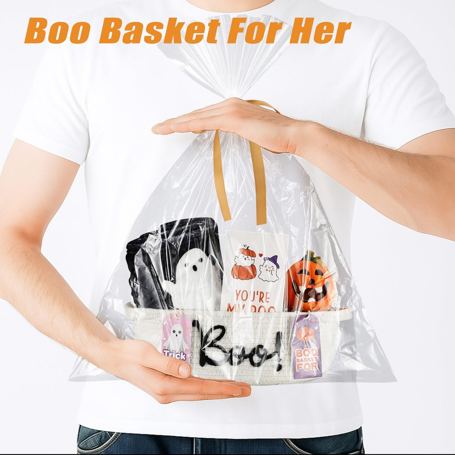 Reallnaive Halloween Boo Gift Basket Set with Handles Include Woven Basket Gift Bags and Ribbons 1 Boo Thank You Cards with White Envelope for Halloween Trick or Treat Party Favor Supplies(Orange)
