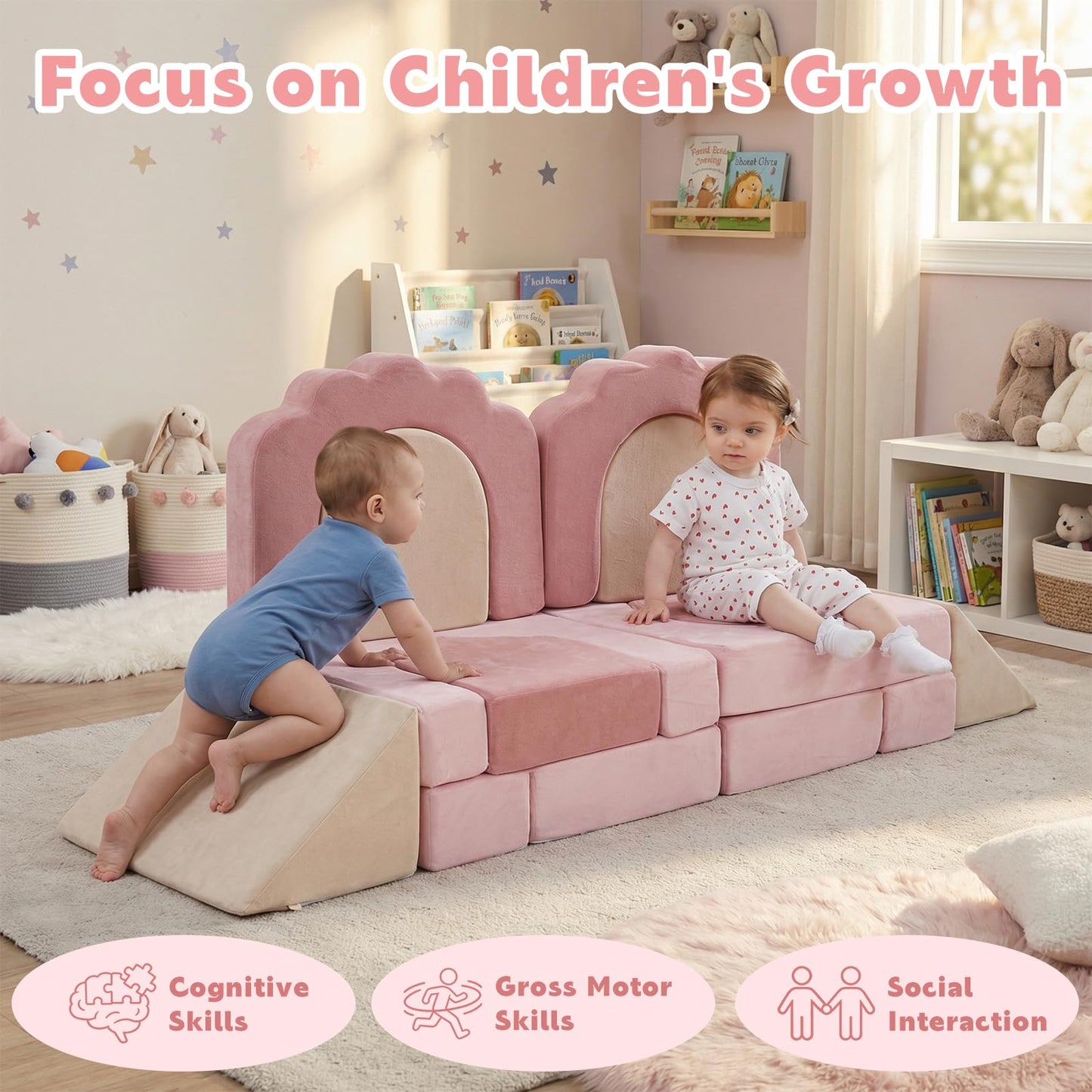 GudoInsole 13-Piece Foam Climbing Blocks for Toddlers, Soft Play Set for Toddlers 1–3, High-Density Foam Climbing Toys Indoor for Crawling & Active Play, Gross Motor Skills Toys Gift(Beige Pink)
